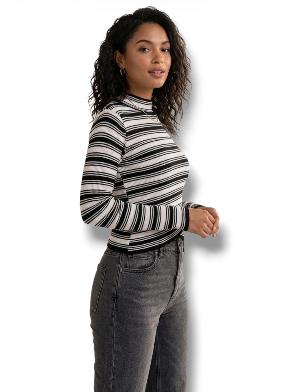 Say What? Sweater Black & White Asymmetrical Striped Turtleneck - Junior’s L